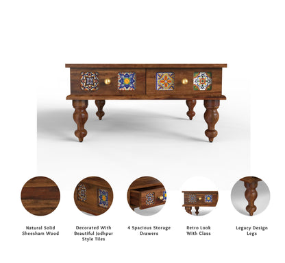 sheesham wood coffee table 4 drawers knobs walnut color infographics view