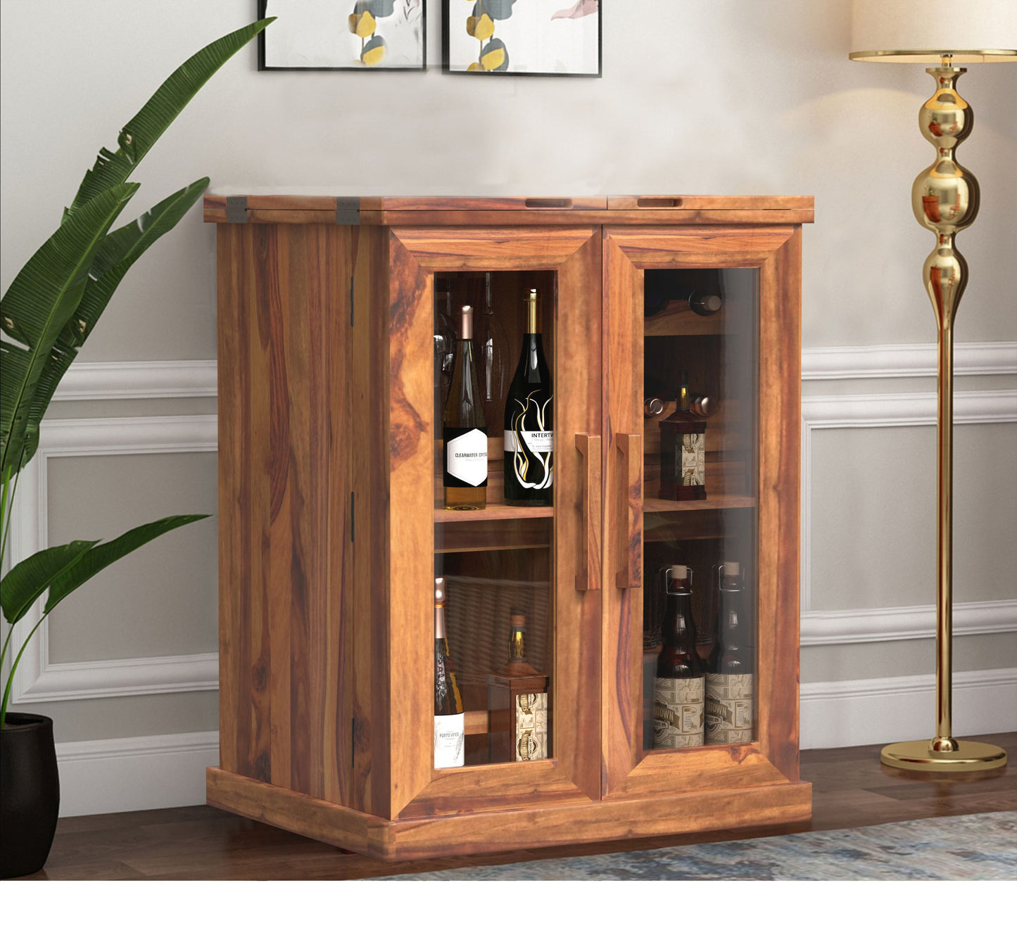 sheesham wood bar cabinet honey gold color live closed view