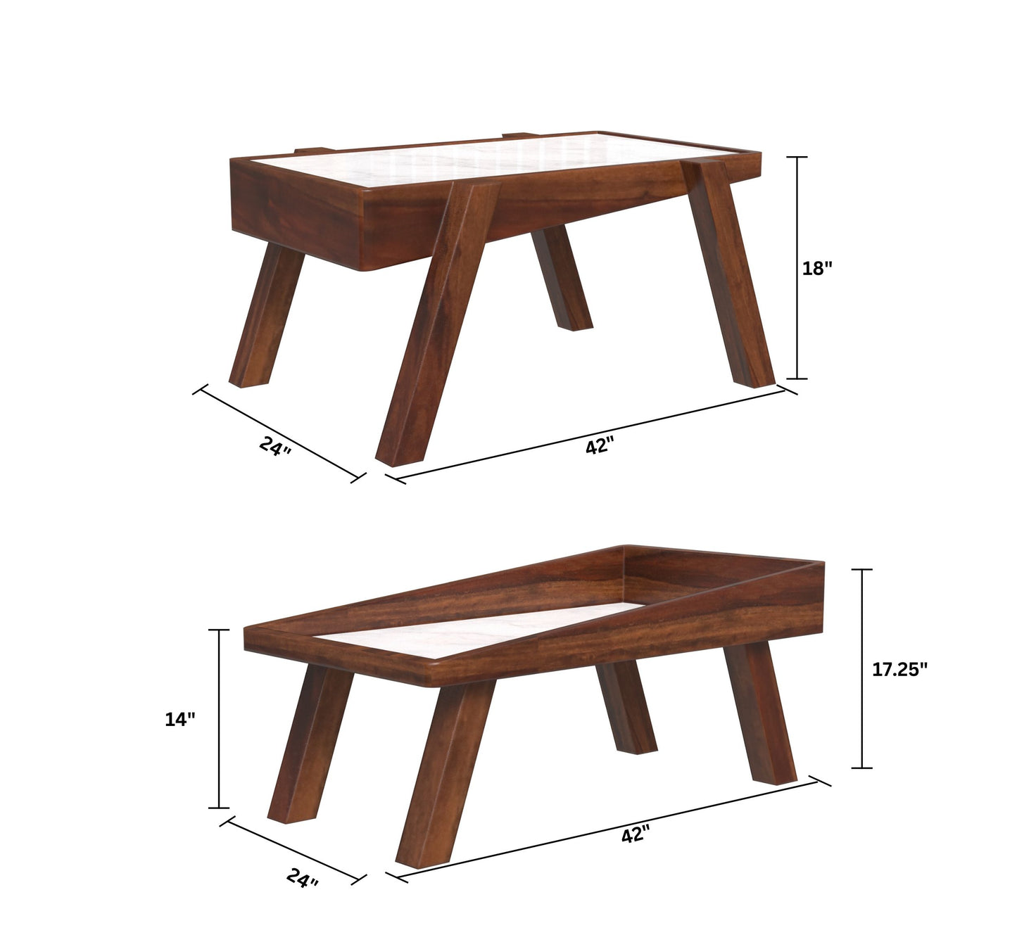 sheesham wood white marble coffee table set of 2 combined dimension view walnut color