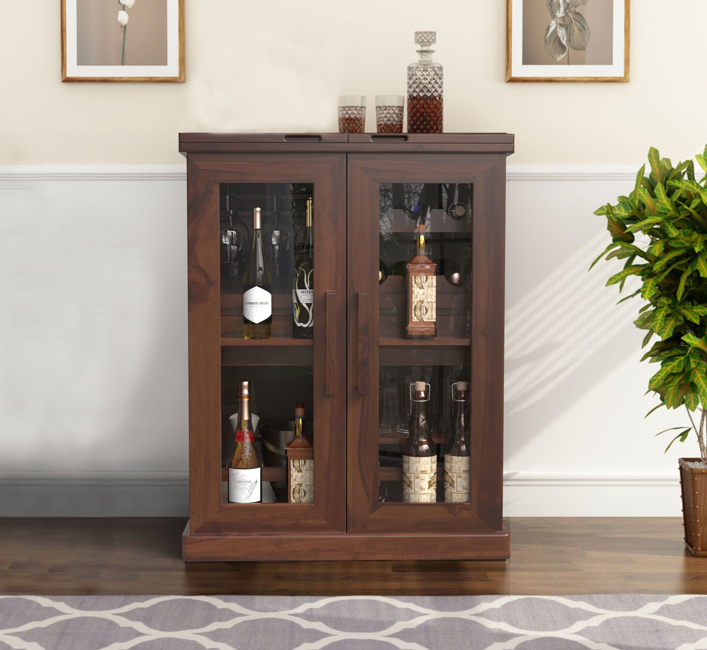 Natural Solid Wood Bar Cabinet for Home | Walnut Finish