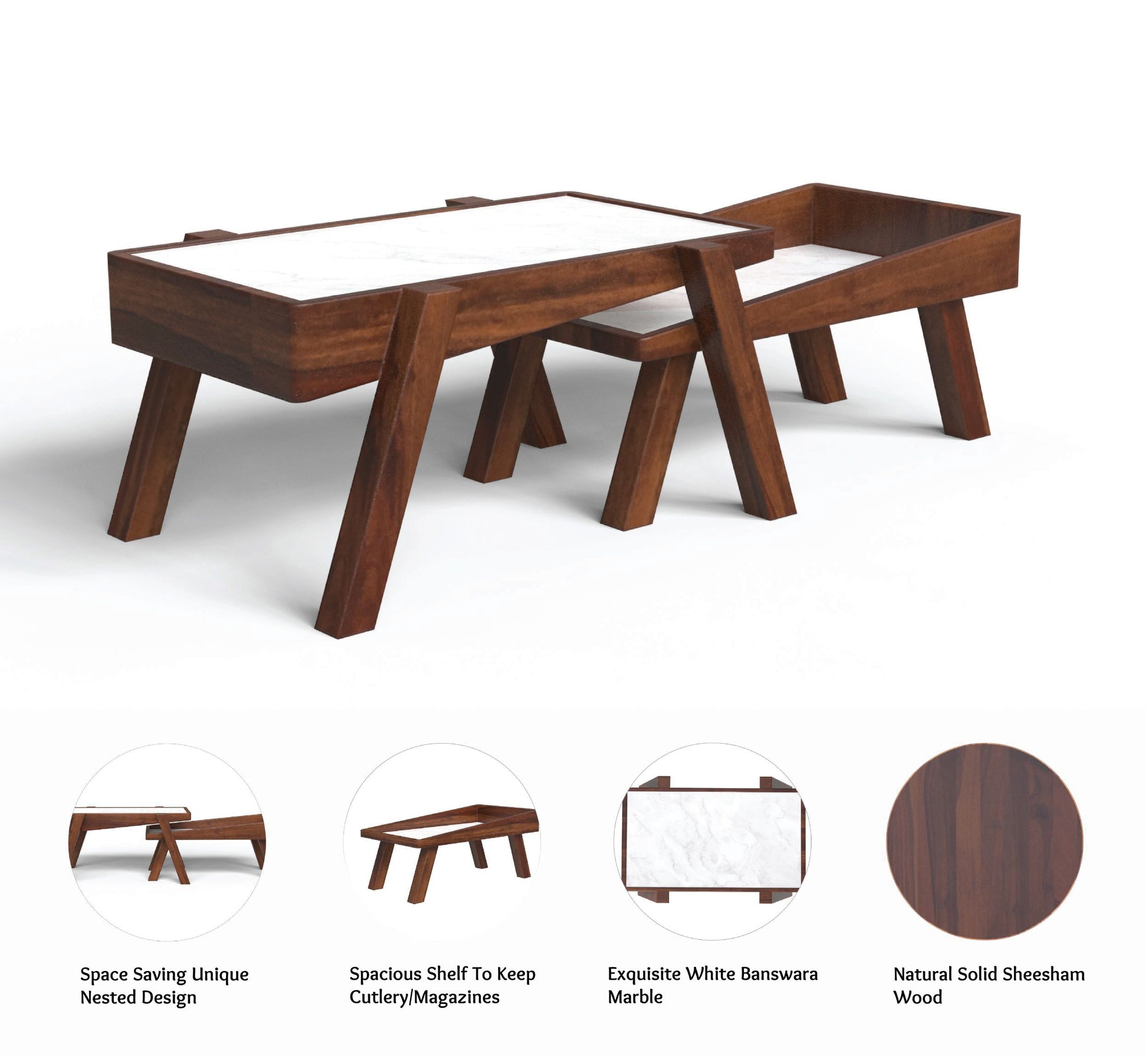 sheesham wood white marble coffee table set of 2 open infographics view walnut color