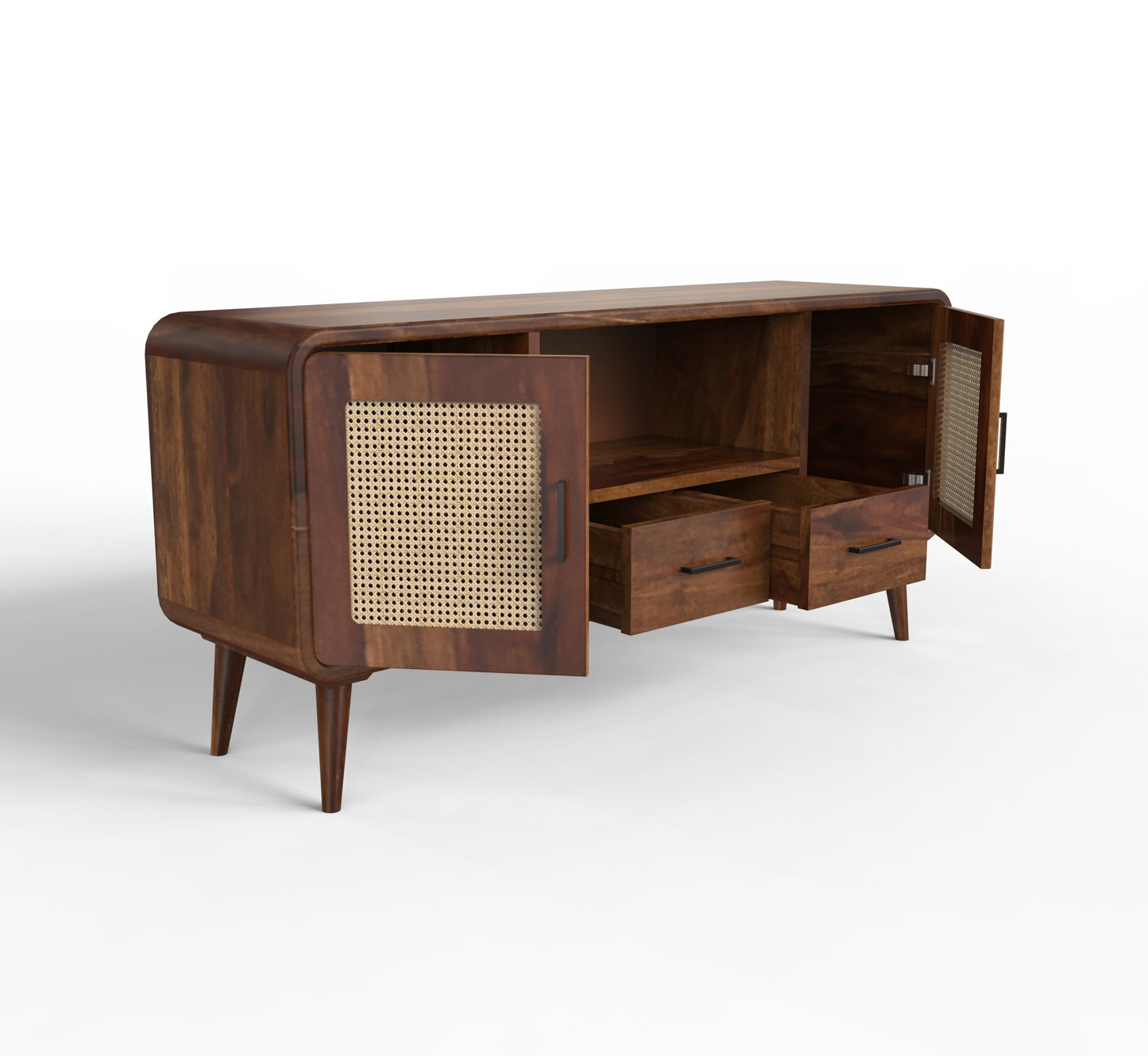 sheesham wood tv unit open isometric view walnut color