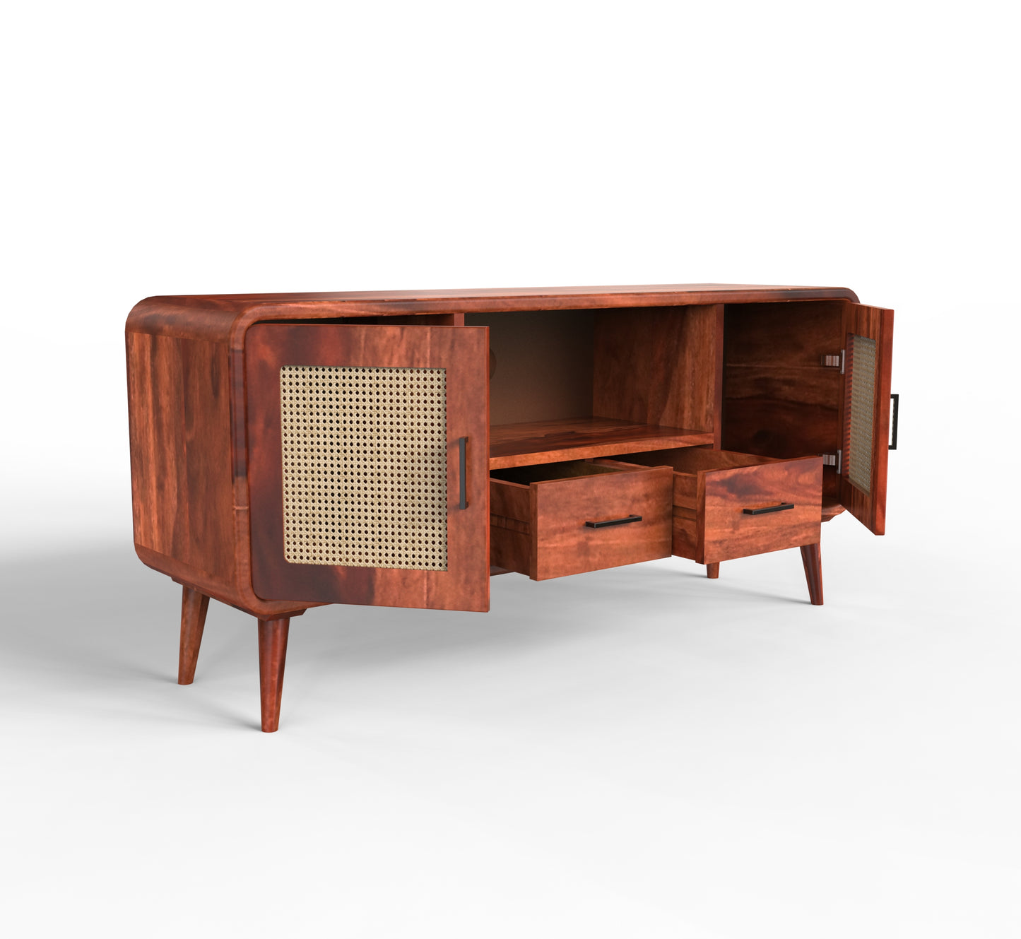 sheesham wood tv unit open isometric view honey color