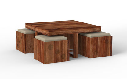 Diya Sheesham Wood Coffee Table With 4 Stools | Honey Gold