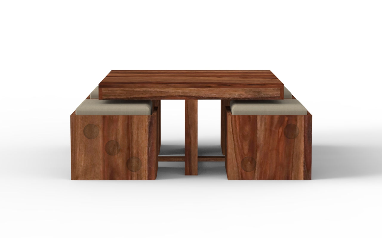 Diya Sheesham Wood Coffee Table With 4 Stools | Honey Gold