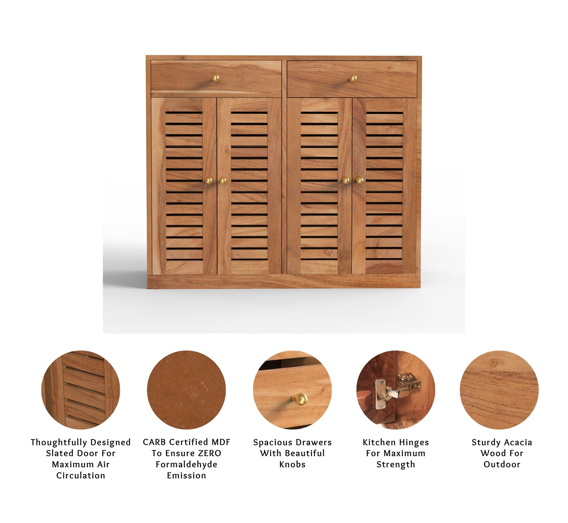 Solid Acacia wood shoe rack natural finish infographic view