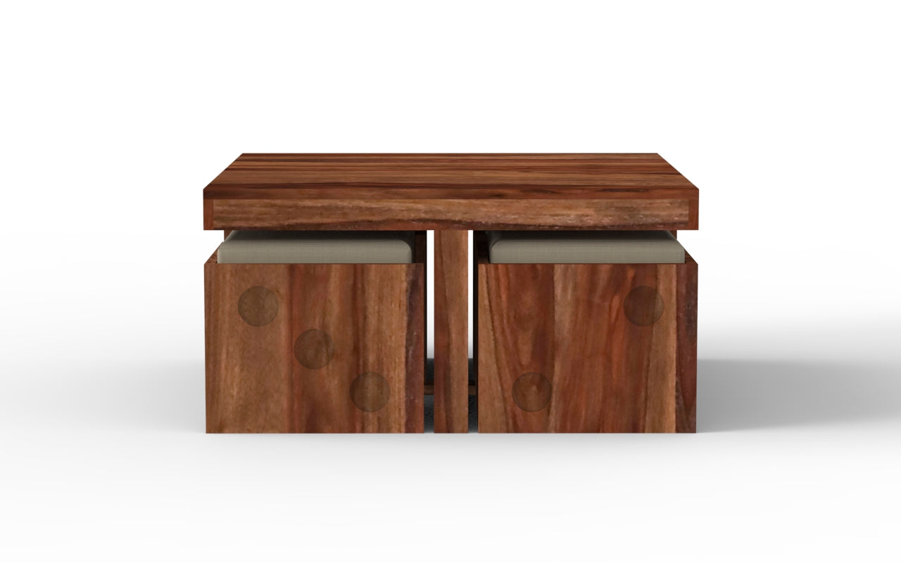 Diya Sheesham Wood Coffee Table With 4 Stools | Honey Gold