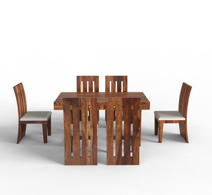 sheesham wood 6 seater dining set with storage cushioned chairs honey gold finish long side view