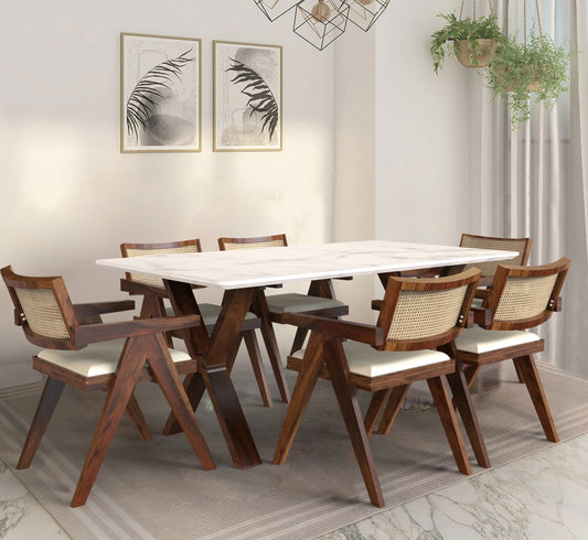 Anima Premium Marble Dining Table 6 Seater with Cane Inlay | Armrest Chairs | Walnut Finish