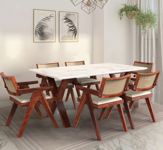 Anima Premium Marble Dining Table 6 Seater with Cane Inlay | Armrest Chairs | Honey Gold Finish