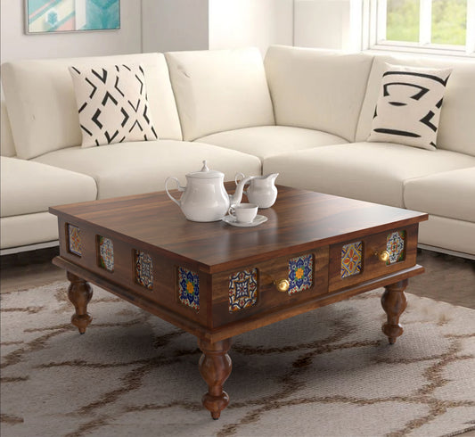 sheesham wood coffee table 4 drawers knobs walnut color live view