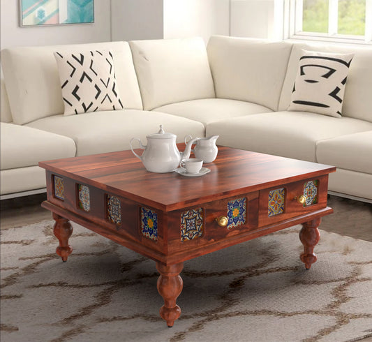 sheesham wood coffee table 4 drawers knobs honey color live view