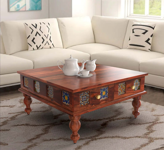 Diya Sheesham Wood Coffee Table With Tiles & 4 Drawers | Honey Gold Finish