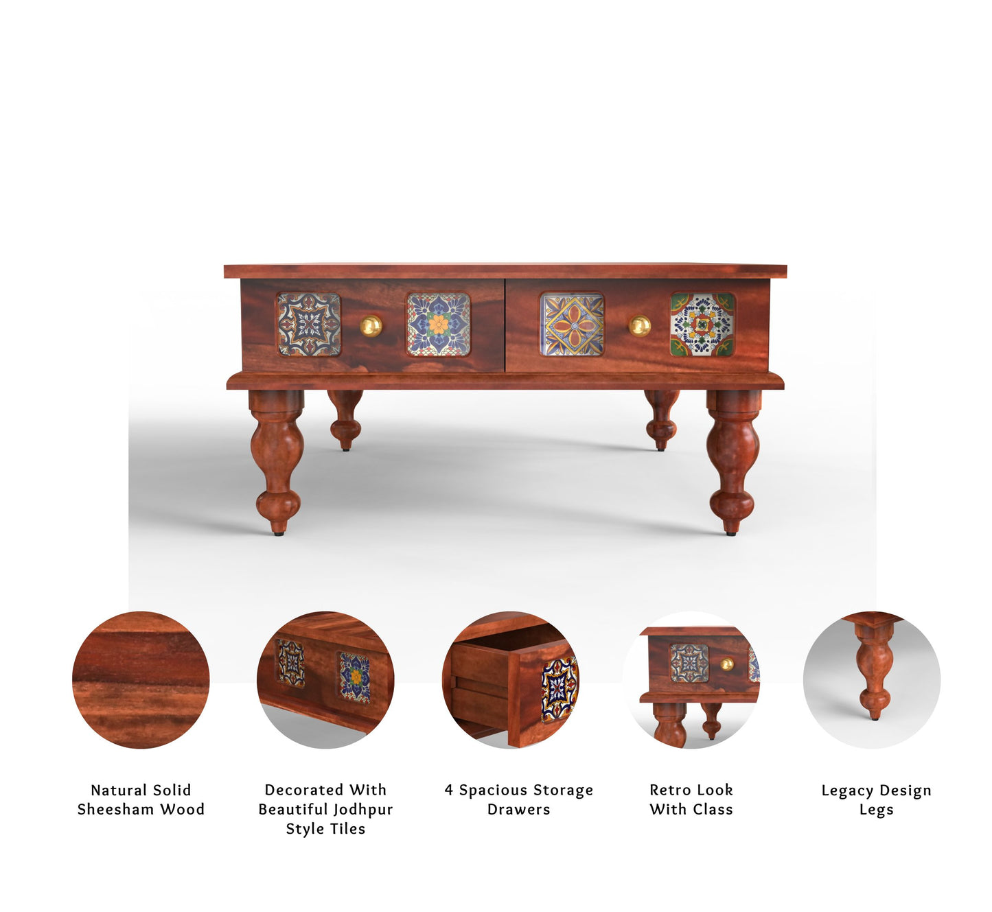 sheesham wood coffee table 4 drawers knobs honey color infographic view