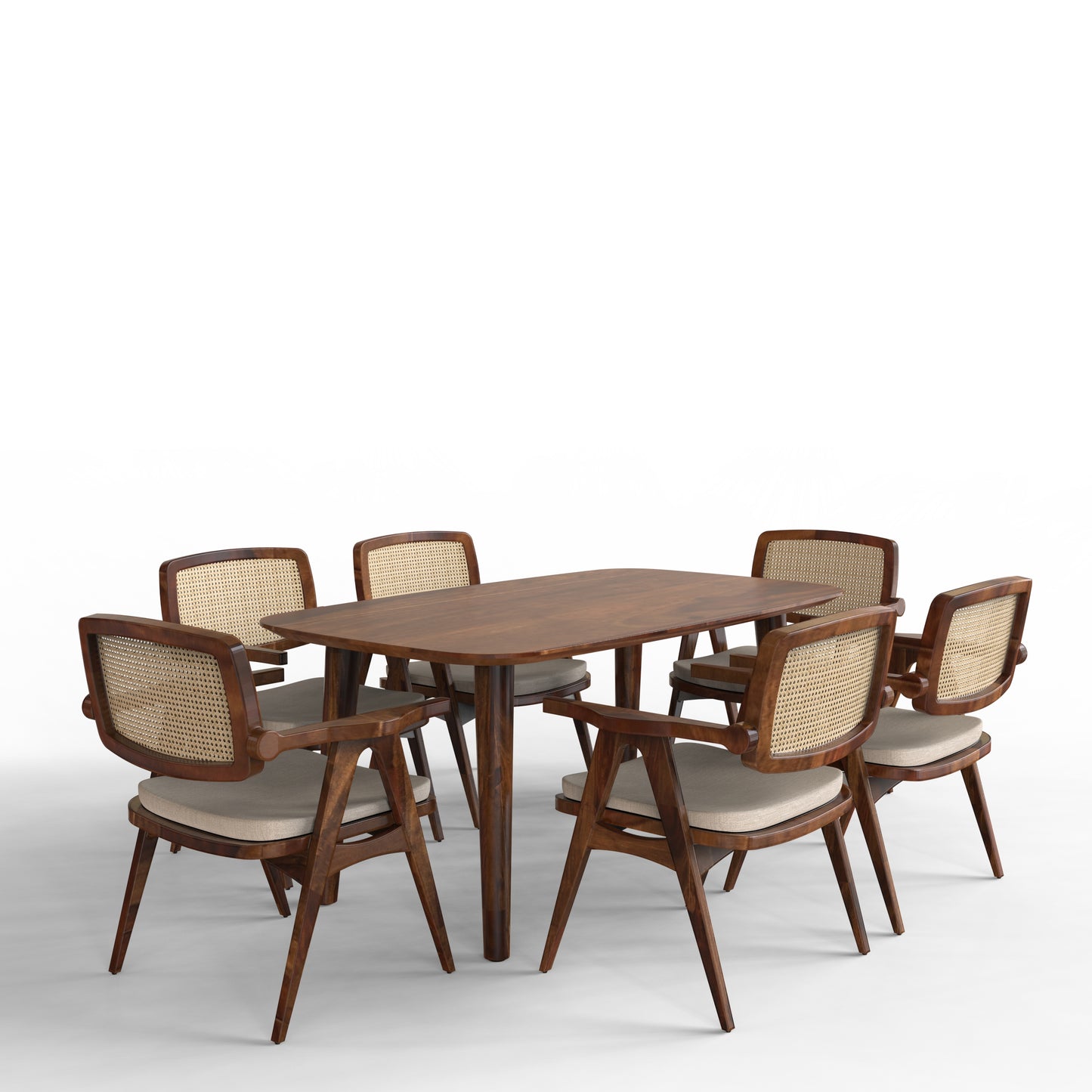 sheesham wood dining 6 seater cushioned seat isometric view walnut color