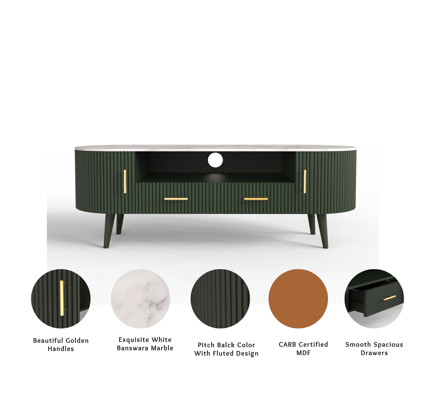 sheesham wood white banswara marble tv unit golden handles solid green color infographic view