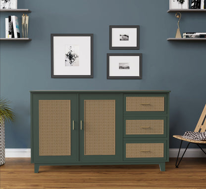 PLANKO Solid Wood Living Room Cabinet With Beautiful Cane Inlay | Serene Green