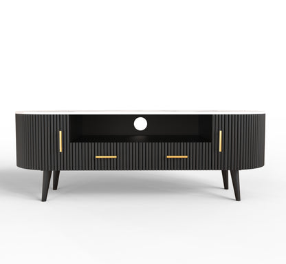 sheesham wood white banswara marble tv unit golden handles solid black color front view