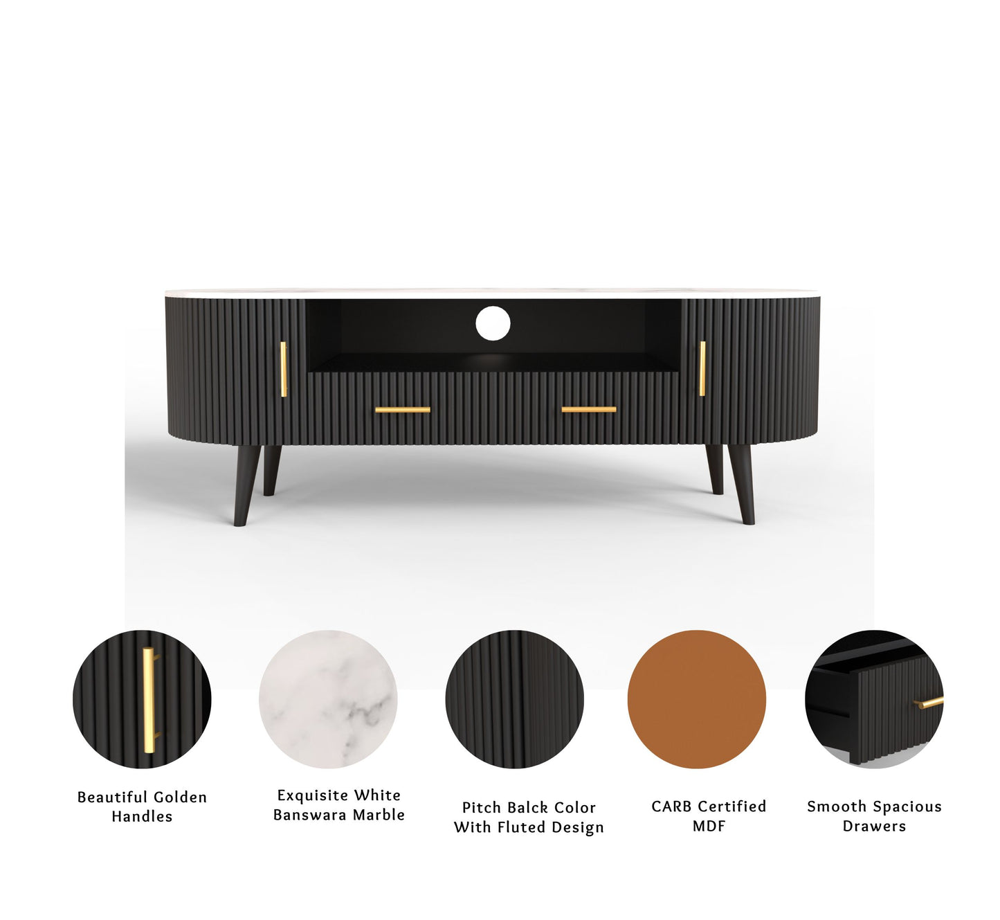 sheesham wood white banswara marble tv unit golden handles solid black color infographic view