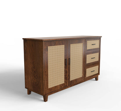 PLANKO Solid Wood Living Room Cabinet With Beautiful Cane Inlay | Walnut Finish