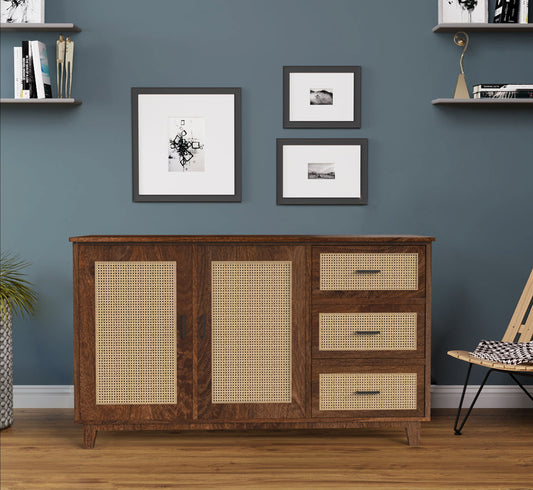 PLANKO Solid Wood Living Room Cabinet With Beautiful Cane Inlay | Walnut Finish