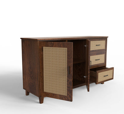 PLANKO Solid Wood Living Room Cabinet With Beautiful Cane Inlay | Walnut Finish