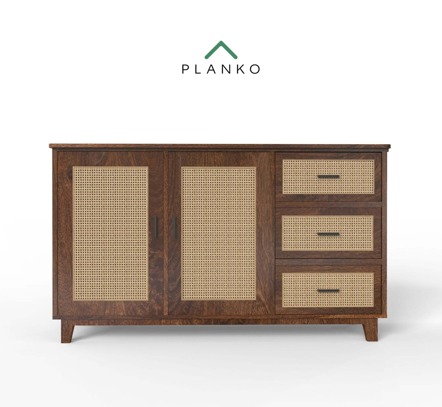 PLANKO Solid Wood Living Room Cabinet With Beautiful Cane Inlay | Walnut Finish