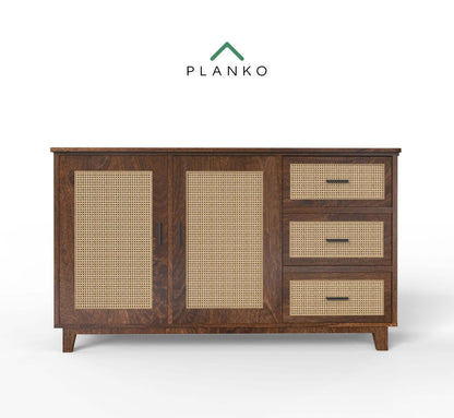 PLANKO Solid Wood Living Room Cabinet With Beautiful Cane Inlay | Walnut Finish