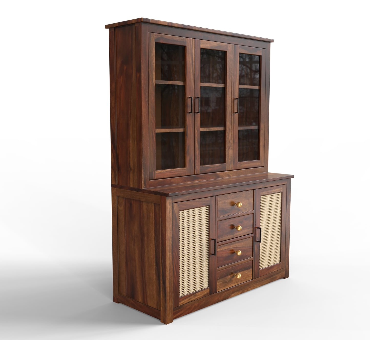 sheesham wood crockery cabinet isometric view walnut color