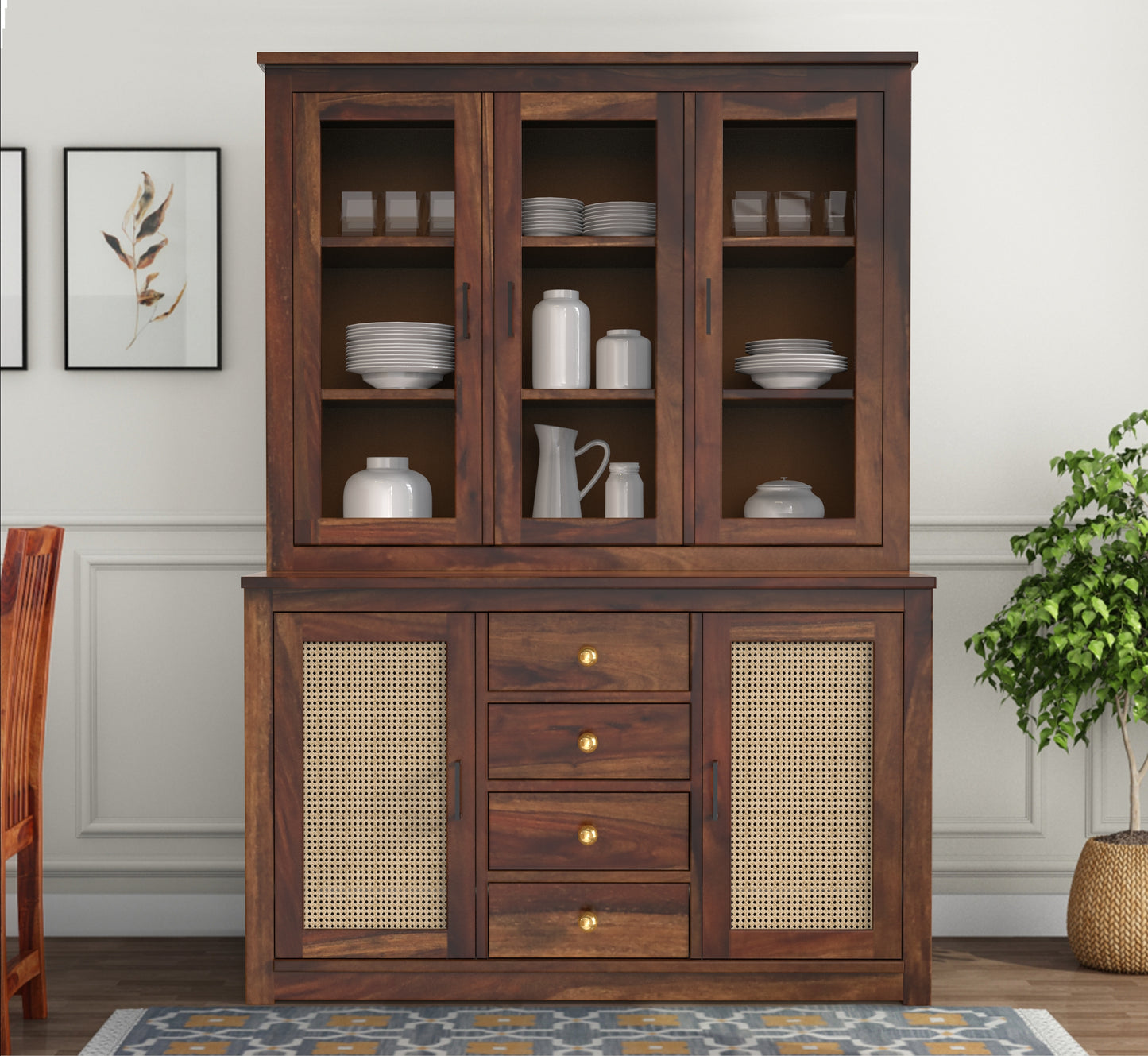 sheesham wood crockery cabinet live view walnut color