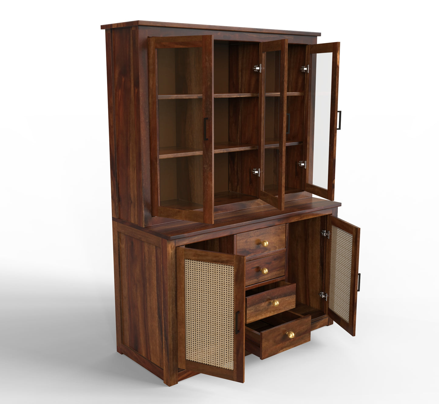 sheesham wood crockery cabinet open isometric view walnut color