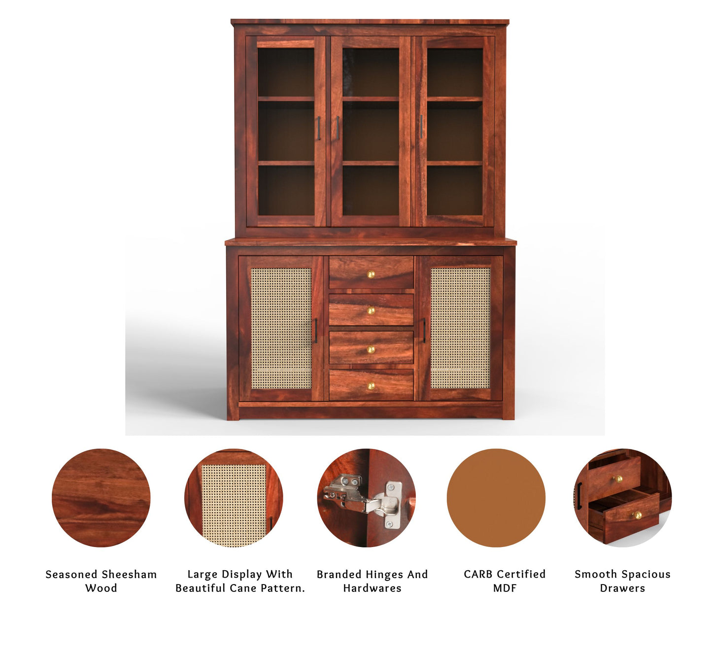 sheesham wood crockery cabinet infographics honey color