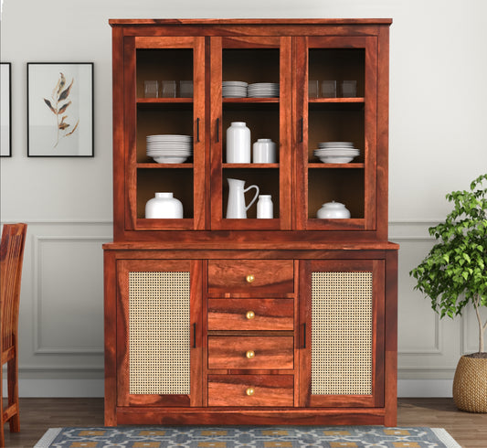 sheesham wood crockery cabinet live view honey color