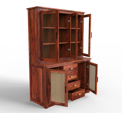 sheesham wood crockery cabinet open isometric  view honey color