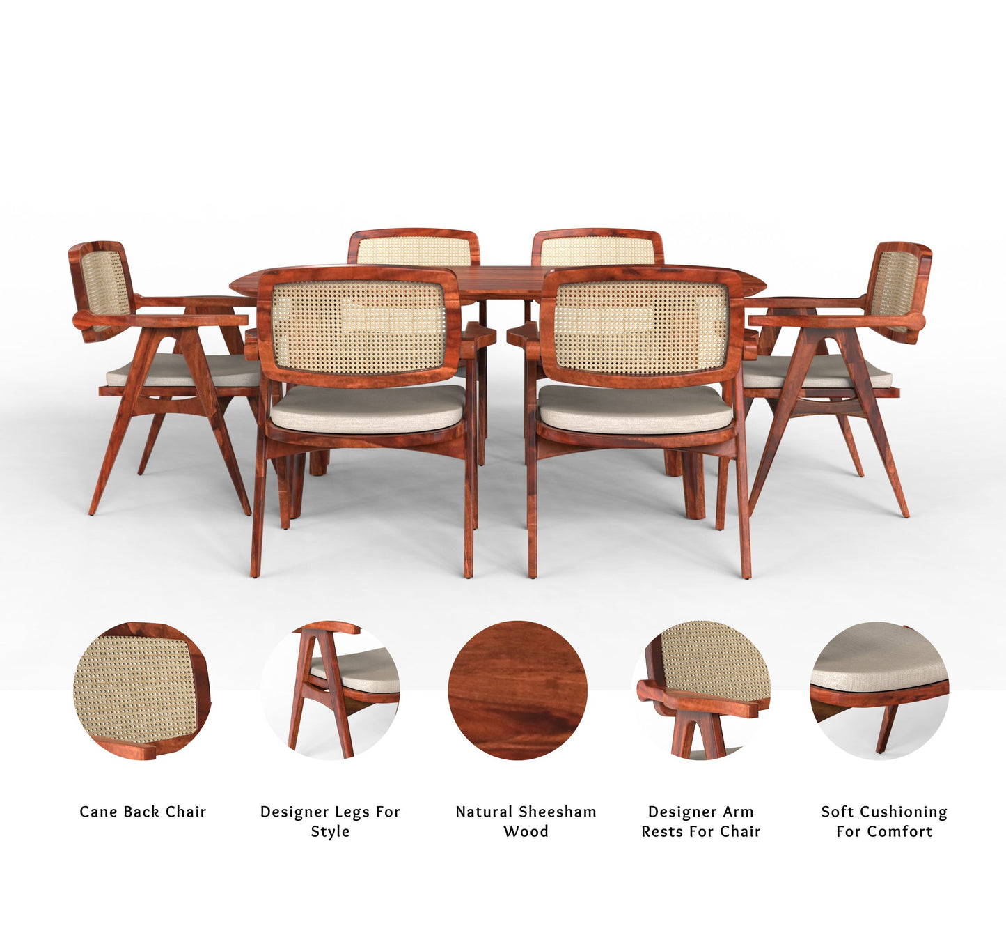 sheesham wood dining 6 seater cushioned seat infographics honey color