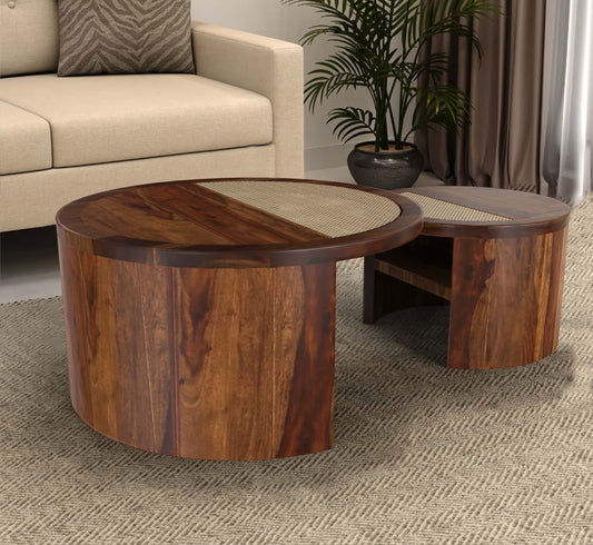 PLANKO Natural Sheesham Wood Set of 2 Coffee Table | Space Saver | Walnut Finish