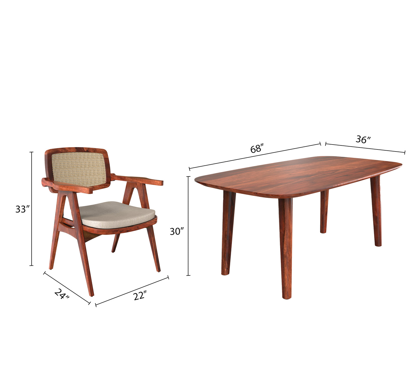 sheehsam wood dining table and chair dimension view honey color