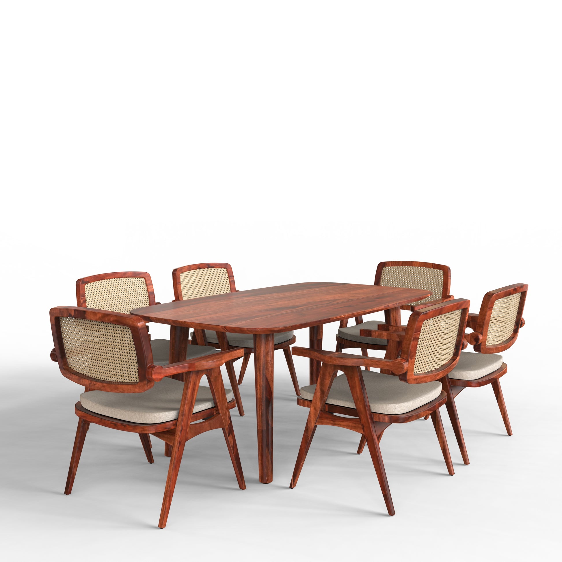 sheesham wood dining 6 seater cushioned seat isometric view honey color