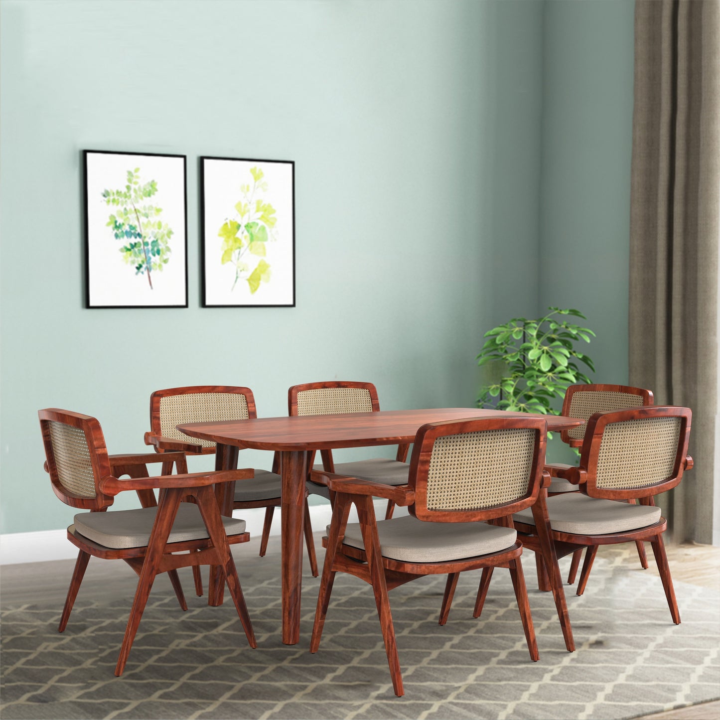 sheesham wood dining 6 seater cushioned seat live environment honey color