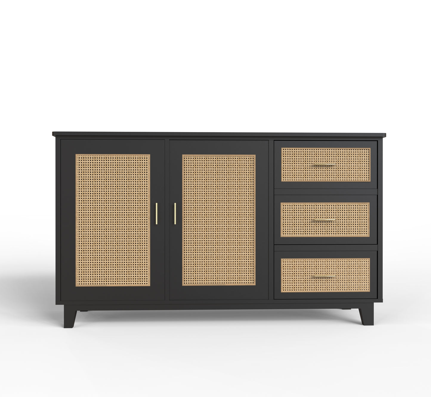 PLANKO Solid Wood Living Room Cabinet With Beautiful Cane Inlay | Jet Black Finish