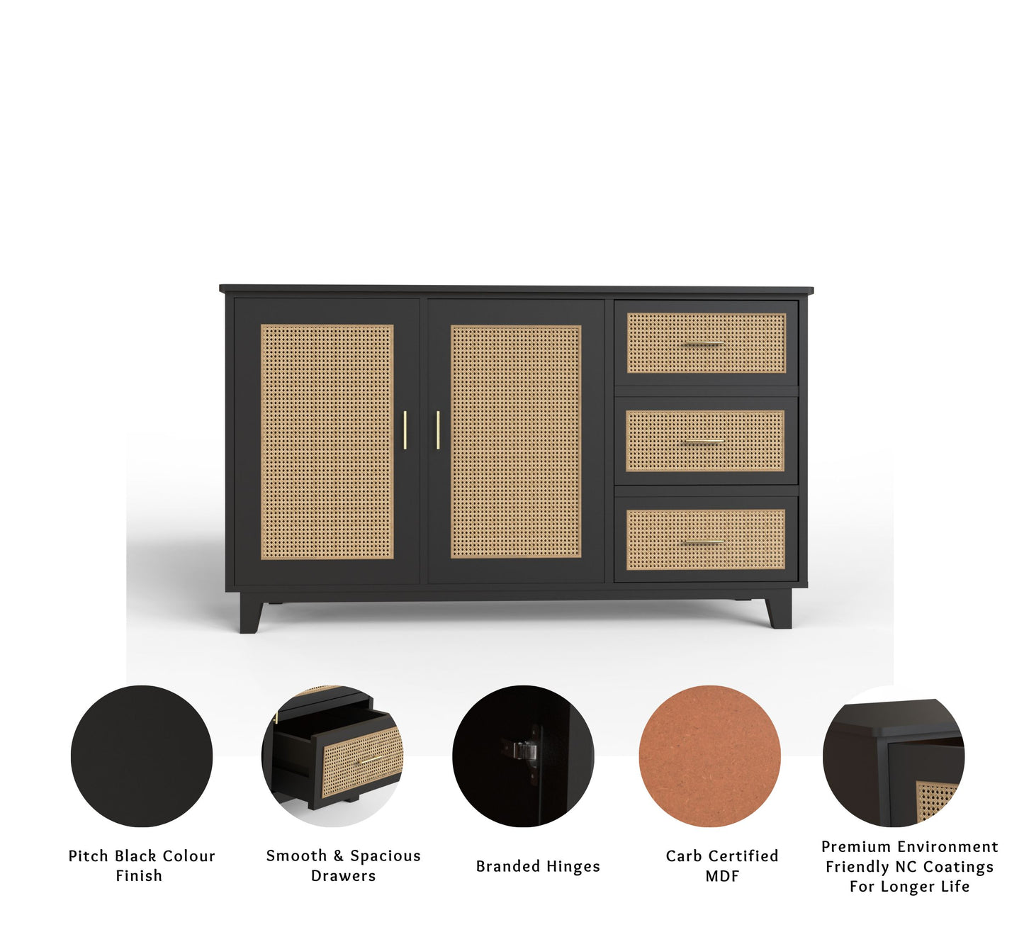 PLANKO Solid Wood Living Room Cabinet With Beautiful Cane Inlay | Jet Black Finish