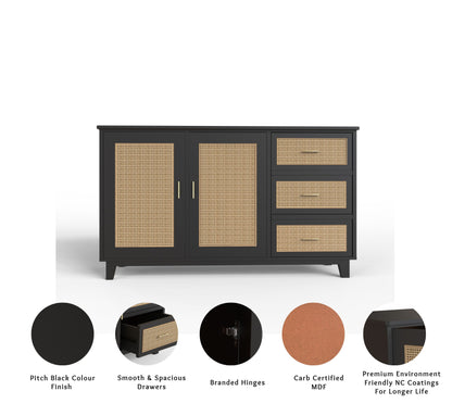 PLANKO Solid Wood Living Room Cabinet With Beautiful Cane Inlay | Jet Black Finish