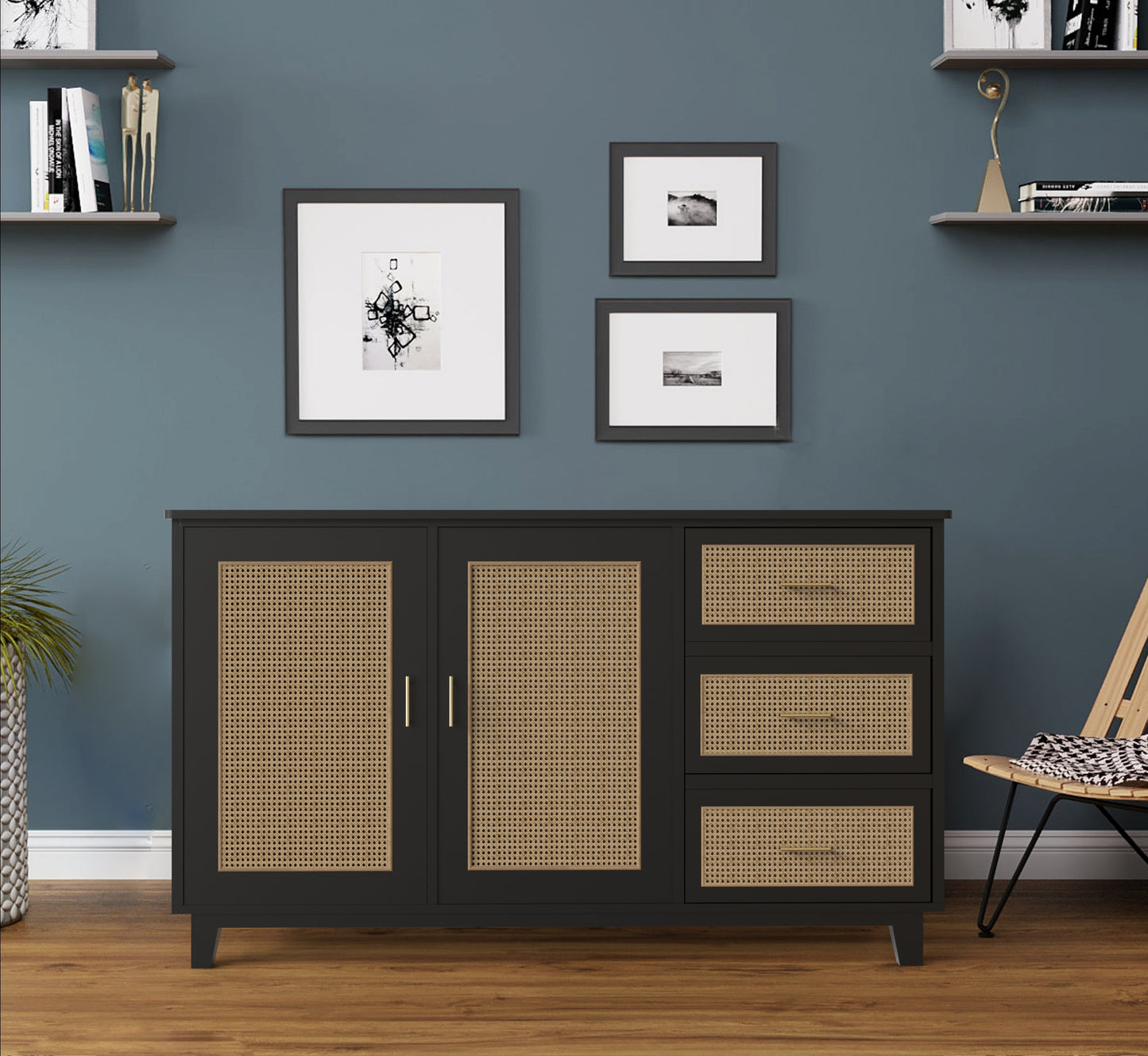 PLANKO Solid Wood Living Room Cabinet With Beautiful Cane Inlay | Jet Black Finish