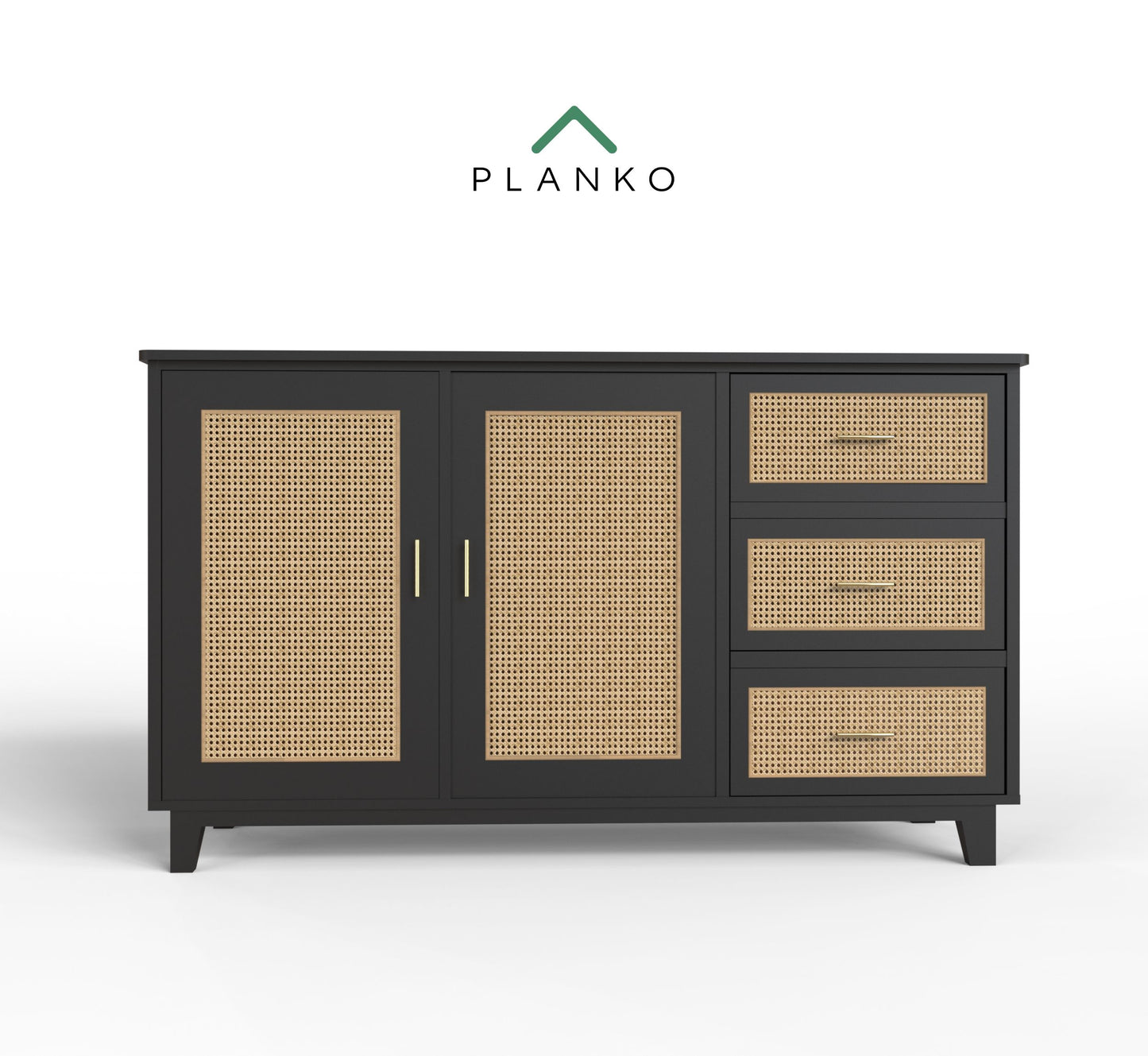 PLANKO Solid Wood Living Room Cabinet With Beautiful Cane Inlay | Jet Black Finish