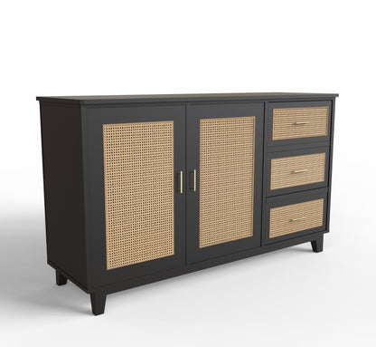 PLANKO Solid Wood Living Room Cabinet With Beautiful Cane Inlay | Jet Black Finish