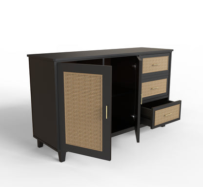 PLANKO Solid Wood Living Room Cabinet With Beautiful Cane Inlay | Jet Black Finish