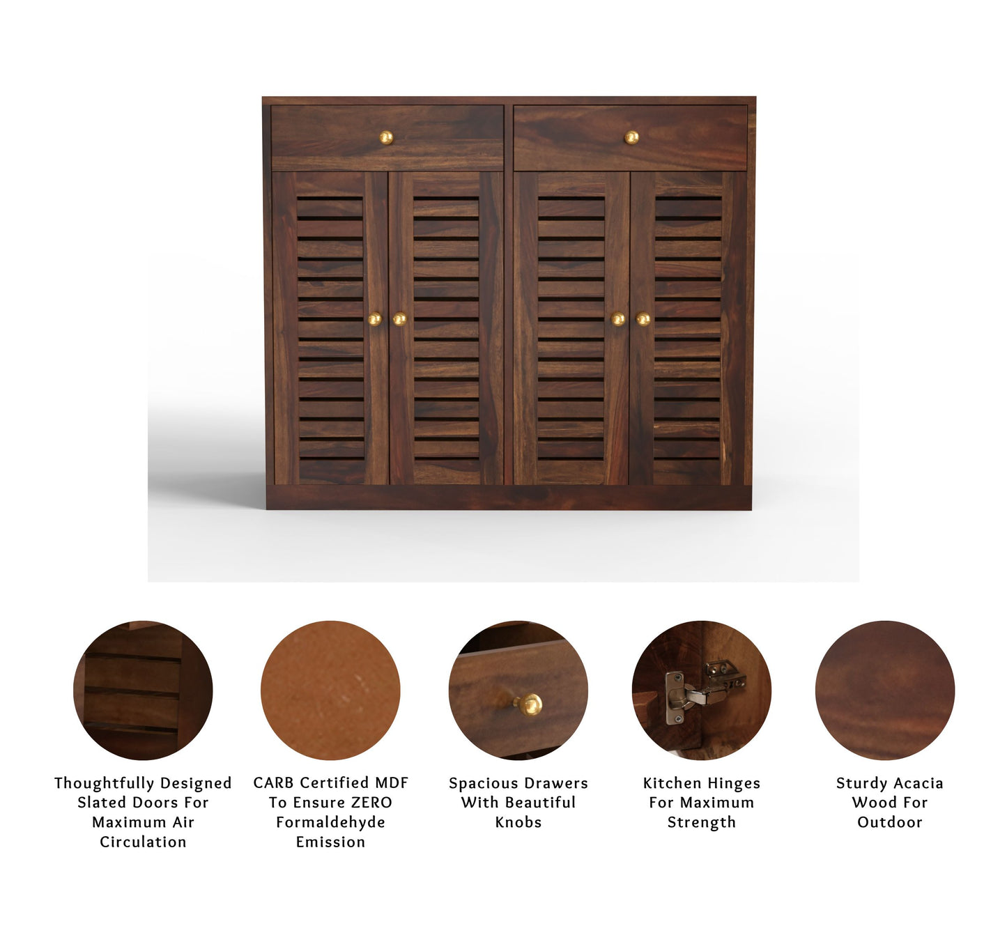 Solid Acacia wood shoe rack walnut finish infographics  view