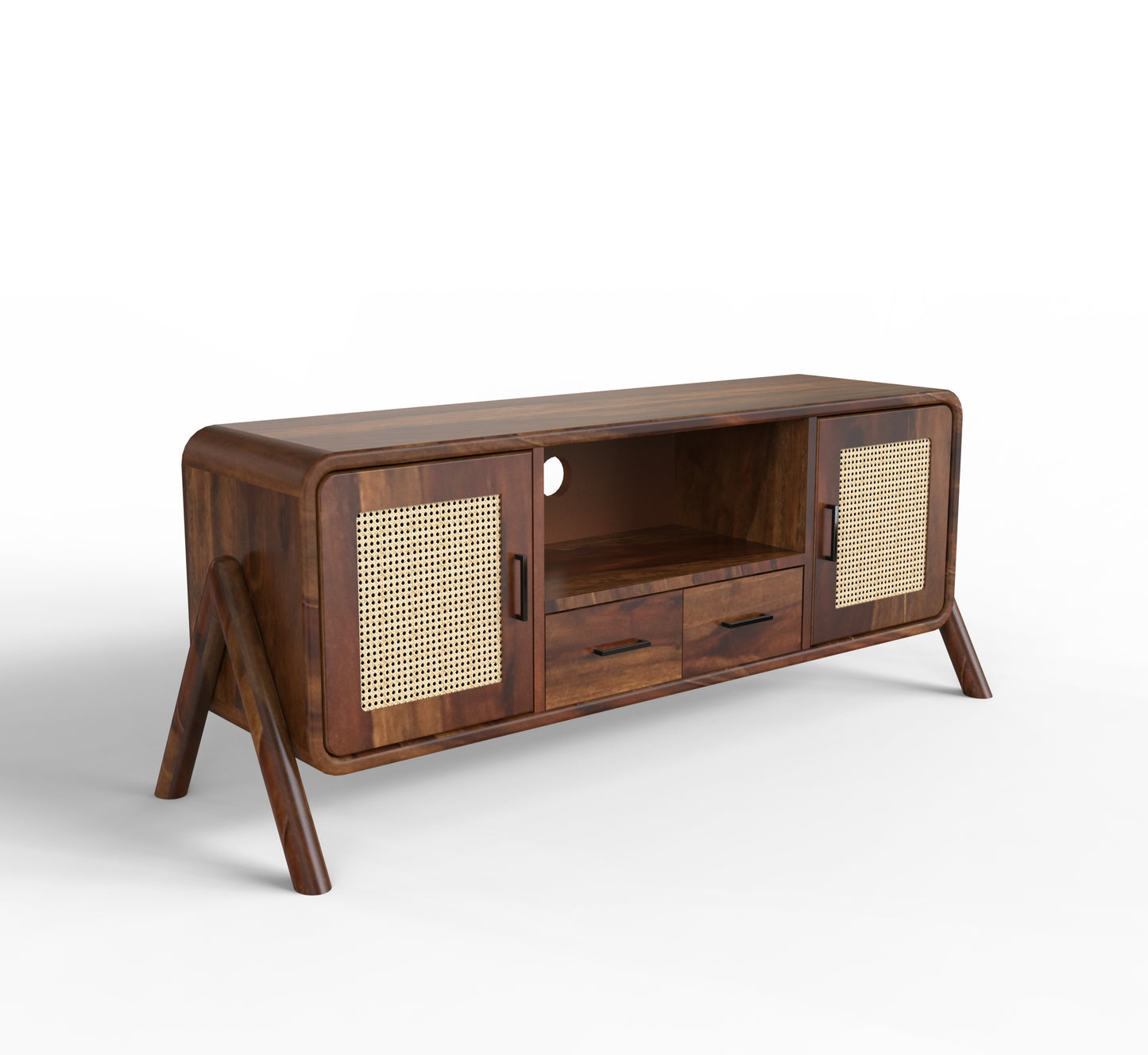 sheesham wood tv round legs isometric walnut color