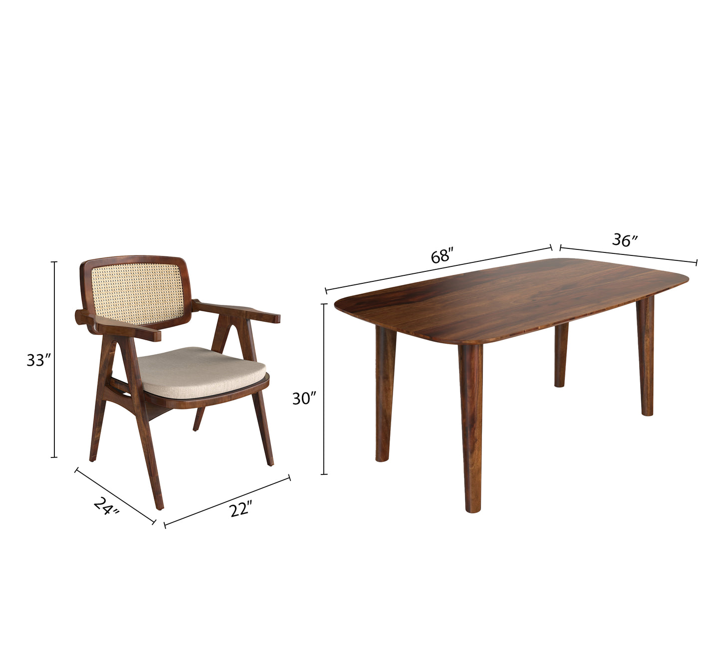 sheehsam wood dining table and chair dimension view walnut color